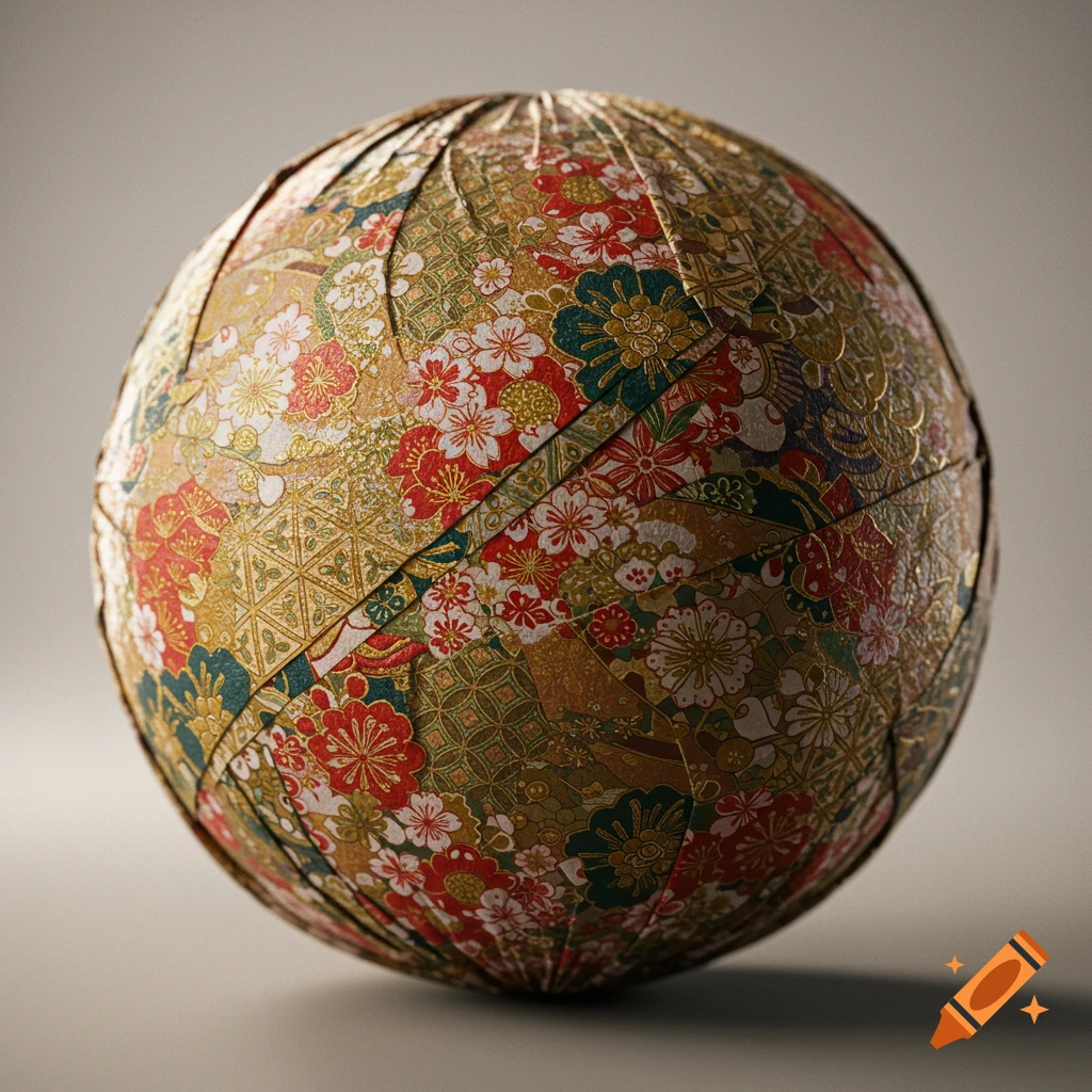 A sphere wrapped in colorful Japanese pattern paper.