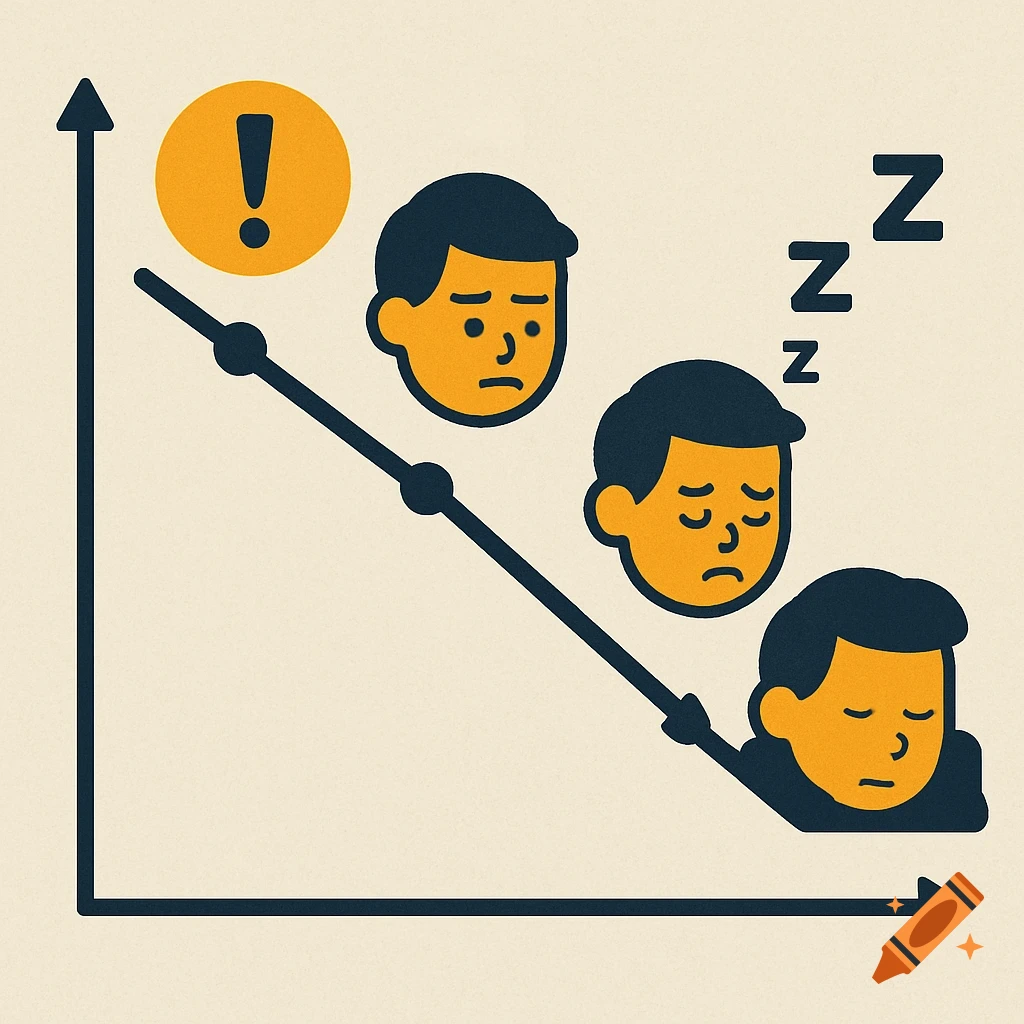 Graphic showing a downward trend line on a graph with icons of a face changing from alert to asleep, representing decreasing focus.