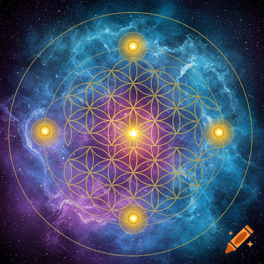 A gold sacred geometry Flower of Life symbol over a blue and purple nebula with stars.