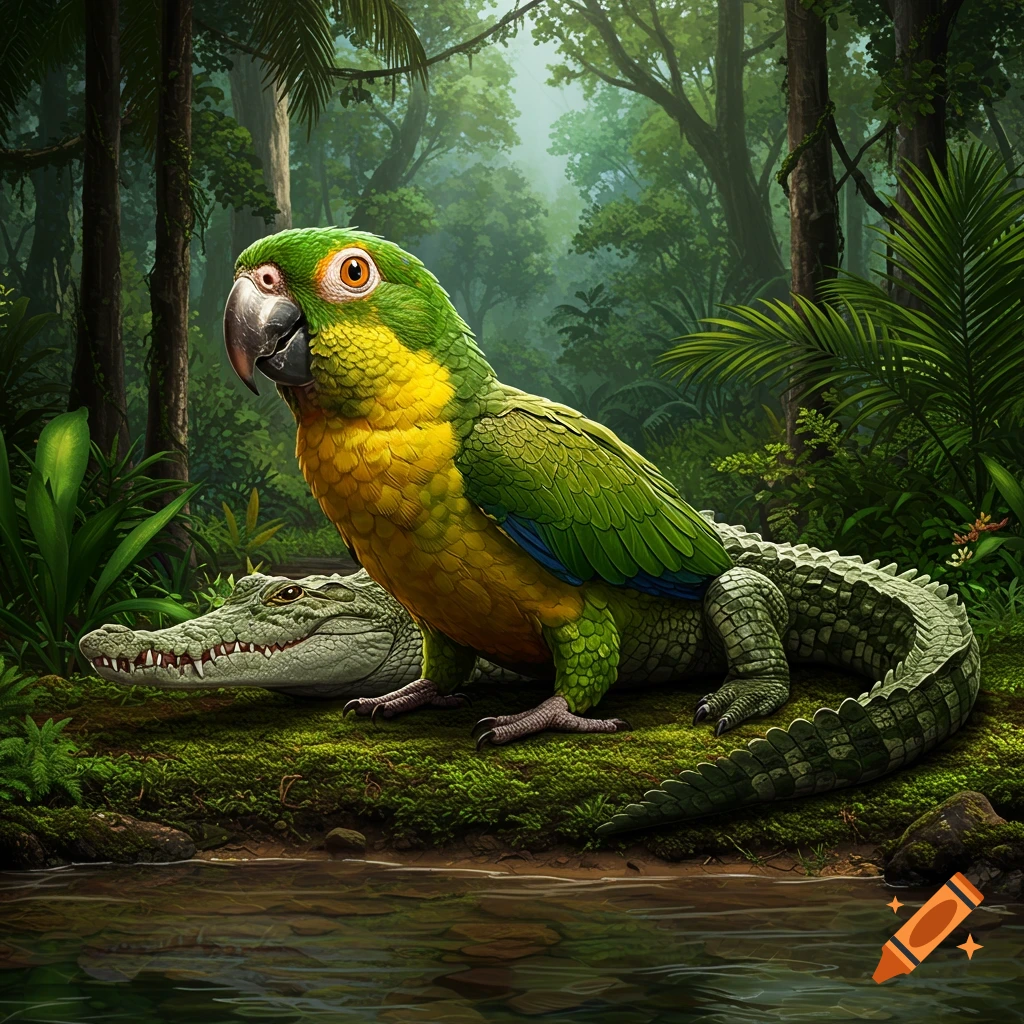 A crocoparrot, a creature with the body of a parrot and the tail of a crocodile, sits by a river in a jungle.