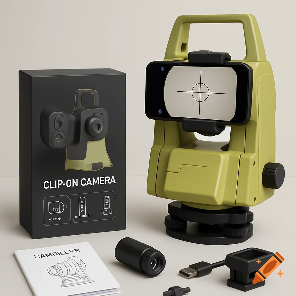 A product photo shows a surveying instrument with a phone mount, a box labeled "CLIP-ON CAMERA", and accessories.
