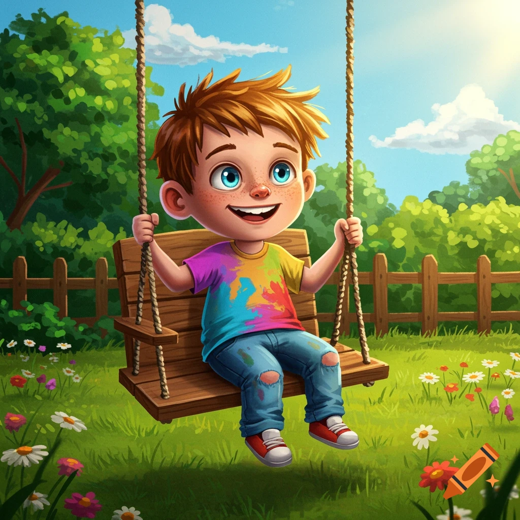 Illustration of a happy boy in a tie-dye shirt on a swing in a sunny garden with flowers.