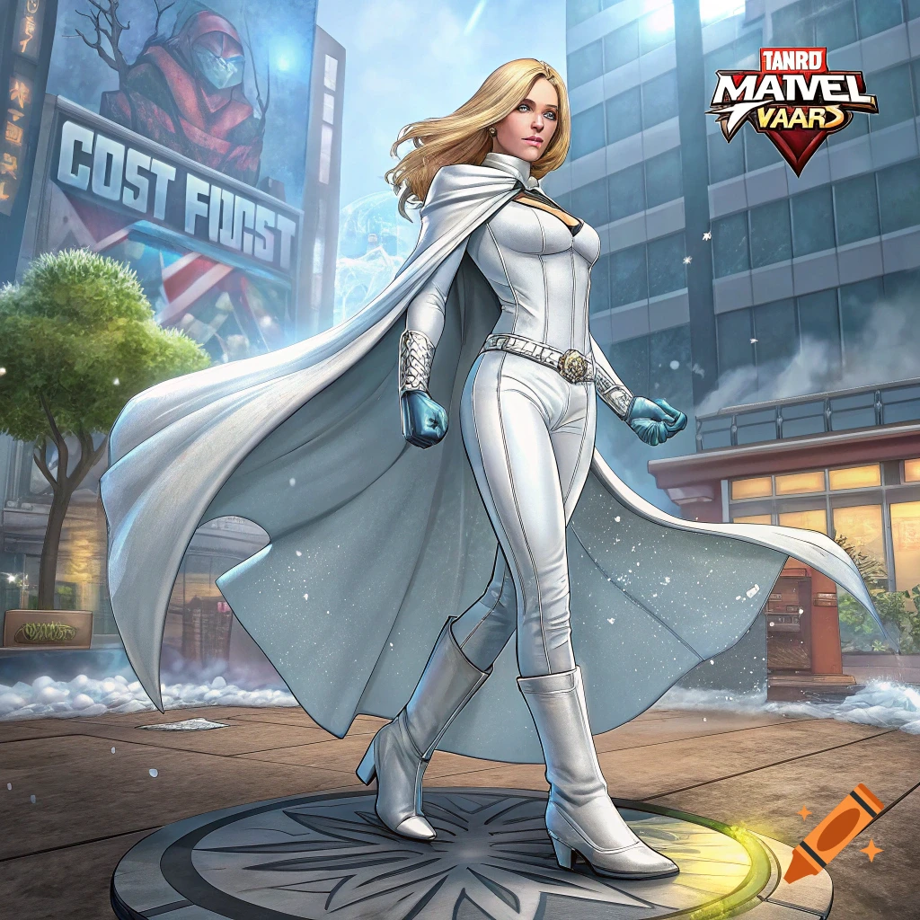 A blonde woman in a white superhero costume and cape stands in a city in a comic book art style.