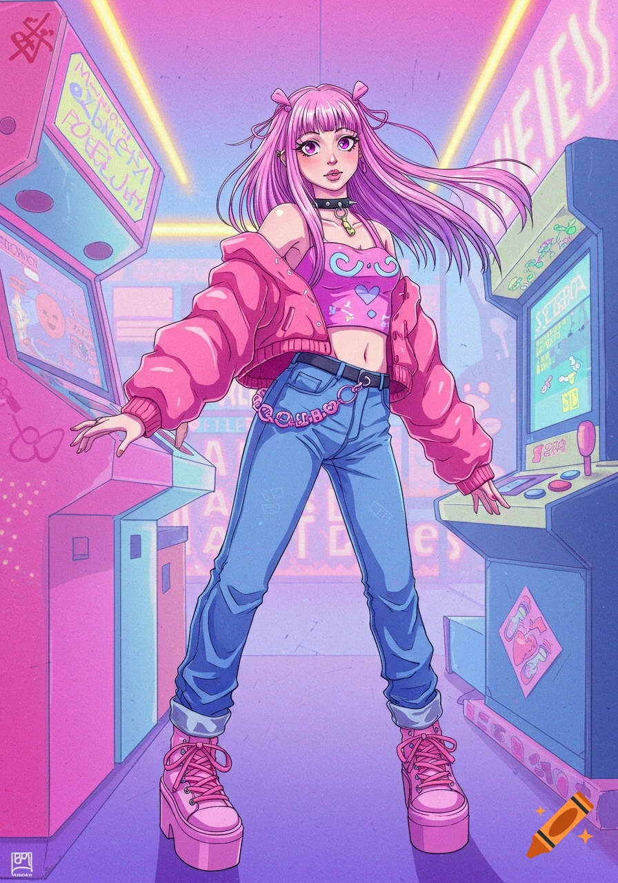 Anime girl with pink hair in y2k fashion stands between arcade machines in a neon-lit room.