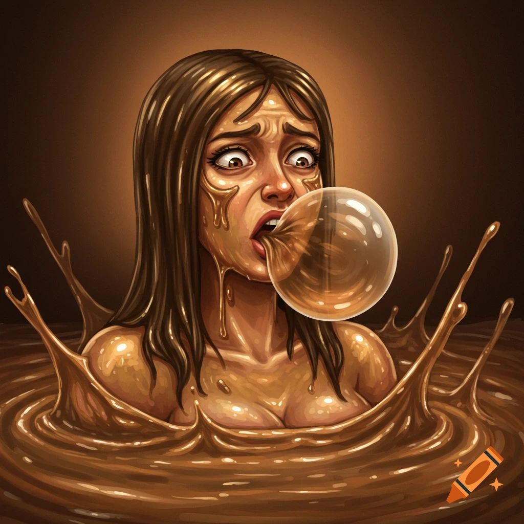 Illustration of a woman covered in and emerging from brown slime, blowing a slime bubble, with a look of disgust.