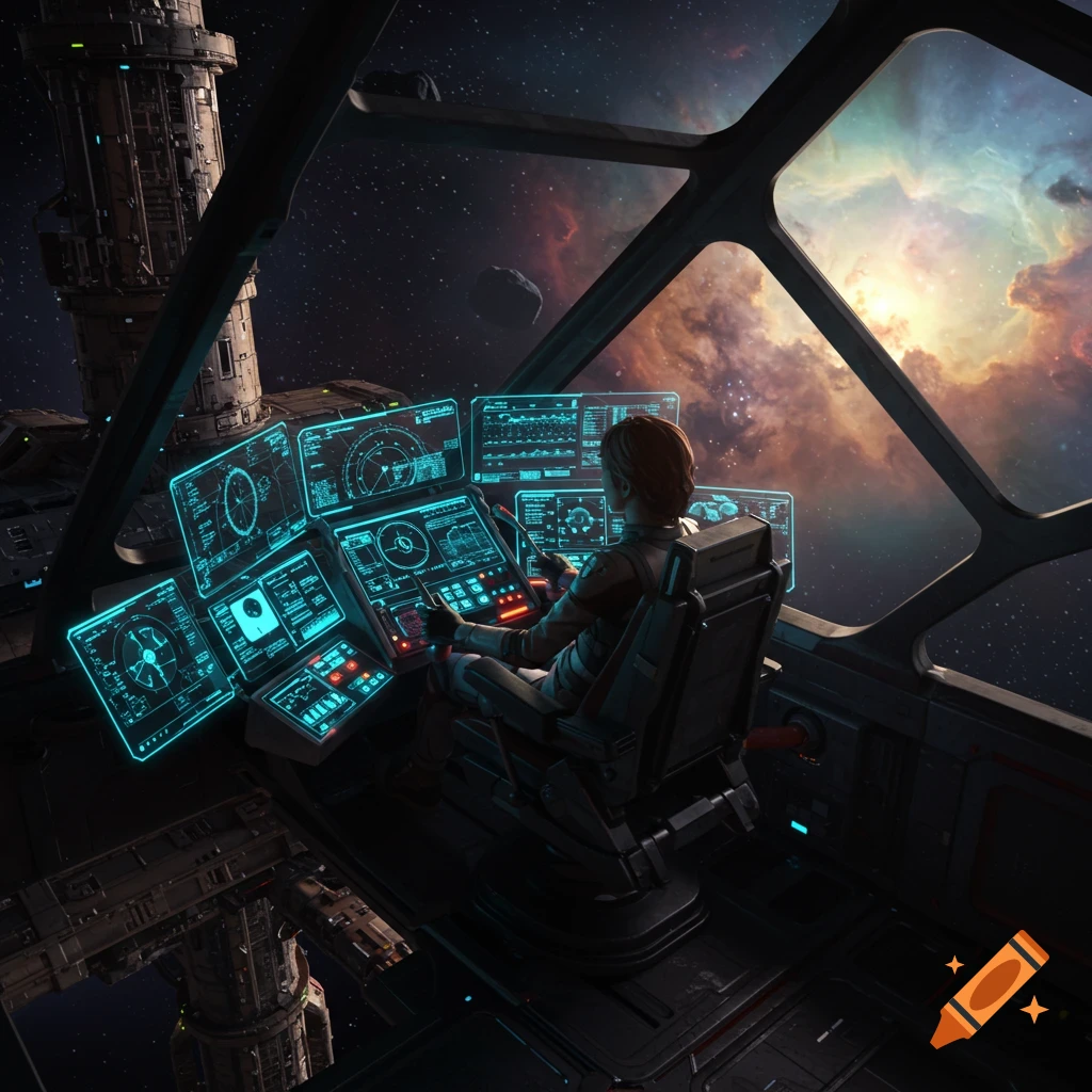 Person in a futuristic spaceship cockpit looking out at a nebula.
