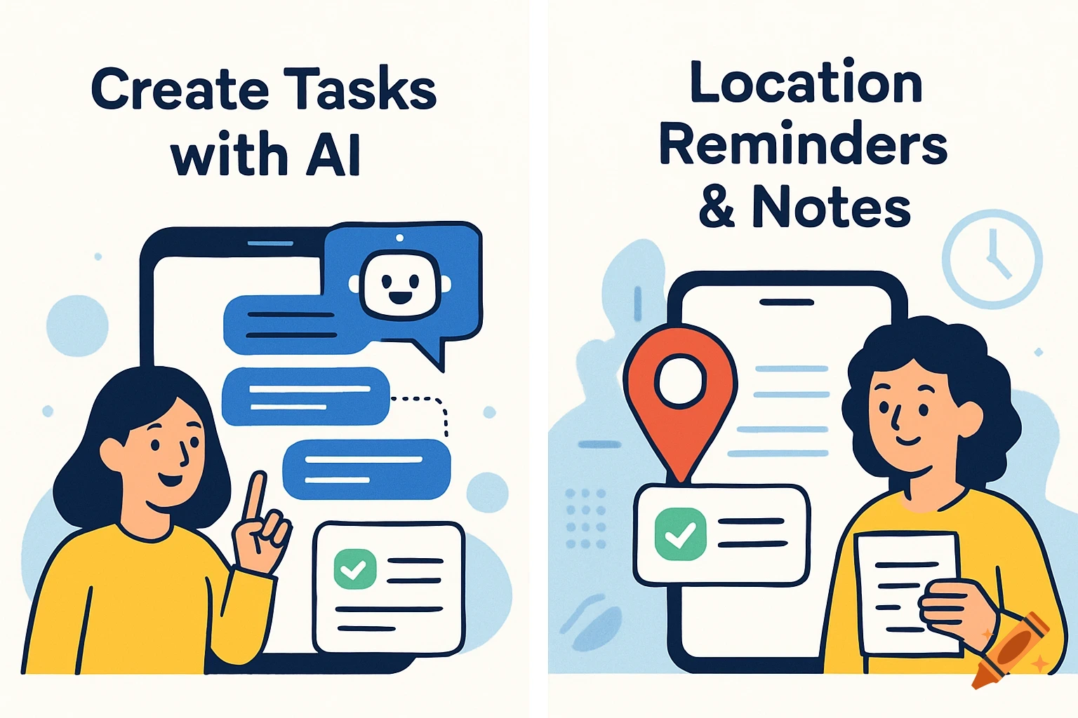 Flat illustration showing app features: creating tasks with AI and location reminders and notes.