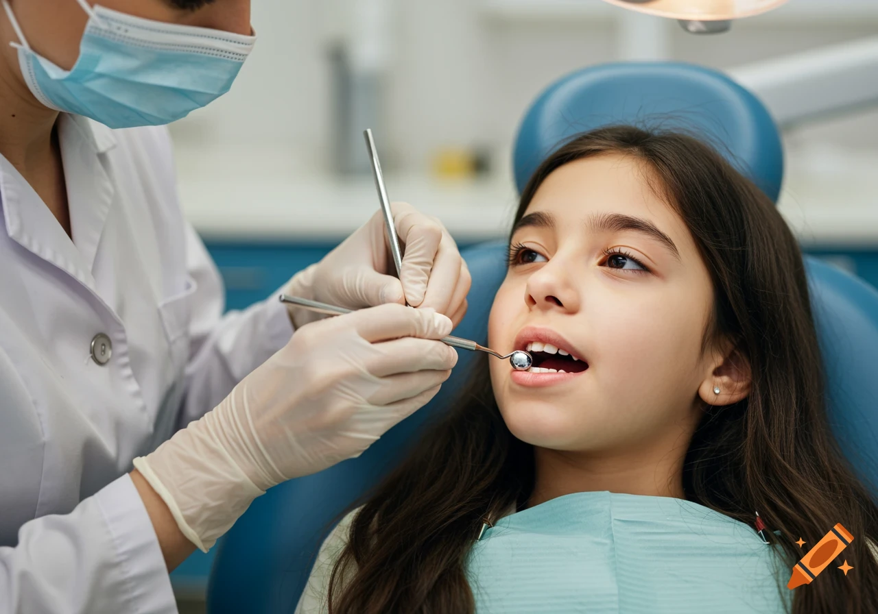 A child sits in a dental chair while a dentist examines her mouth.