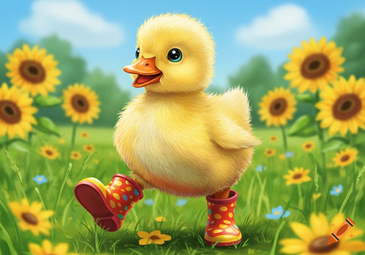 A cute yellow duckling wearing red and yellow polka dot boots walks through a field of sunflowers.