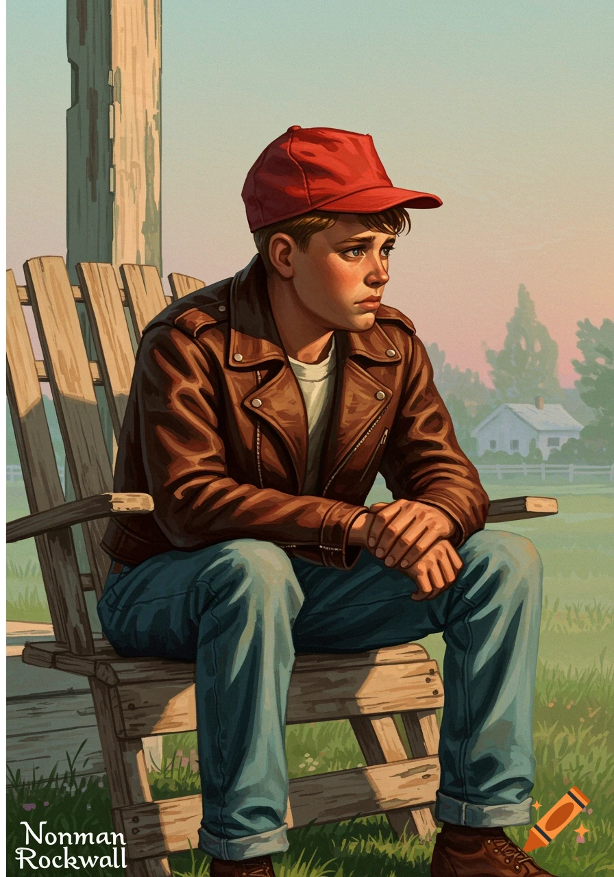 Illustration of a sad boy in a red cap and leather jacket sitting in a wooden chair.