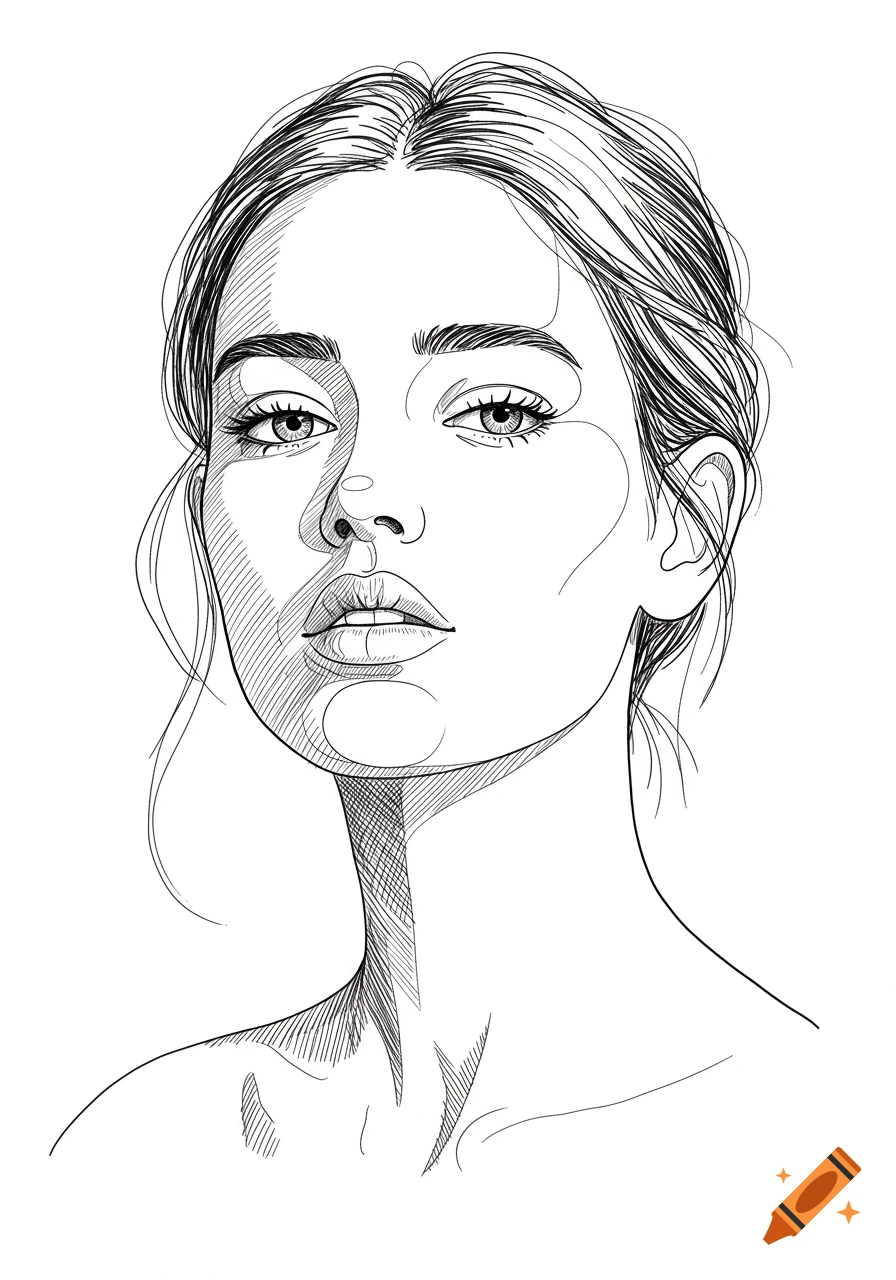 A black and white line drawing portrait of a woman's face.