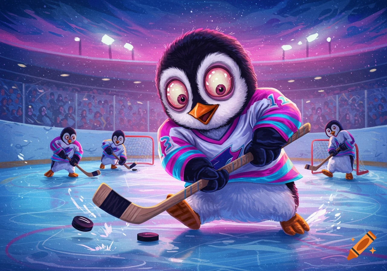 Cartoon penguin with huge eyes playing hockey on an ice rink.