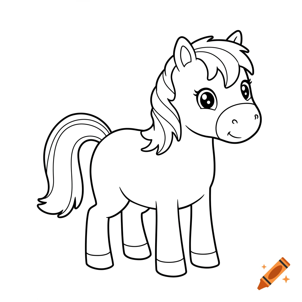 Line drawing of a cute cartoon horse for coloring.