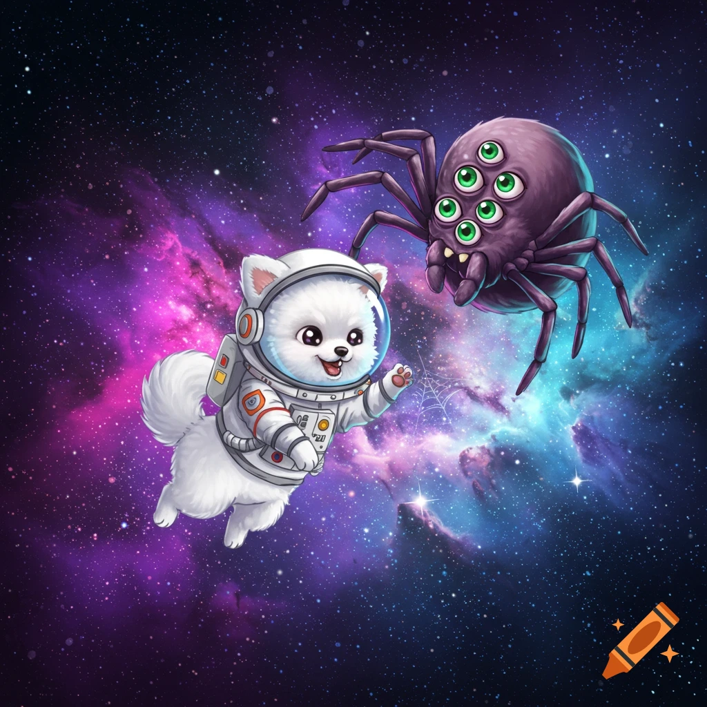A cute cartoon dog in an astronaut suit floats in space towards a purple spider with multiple green eyes.
