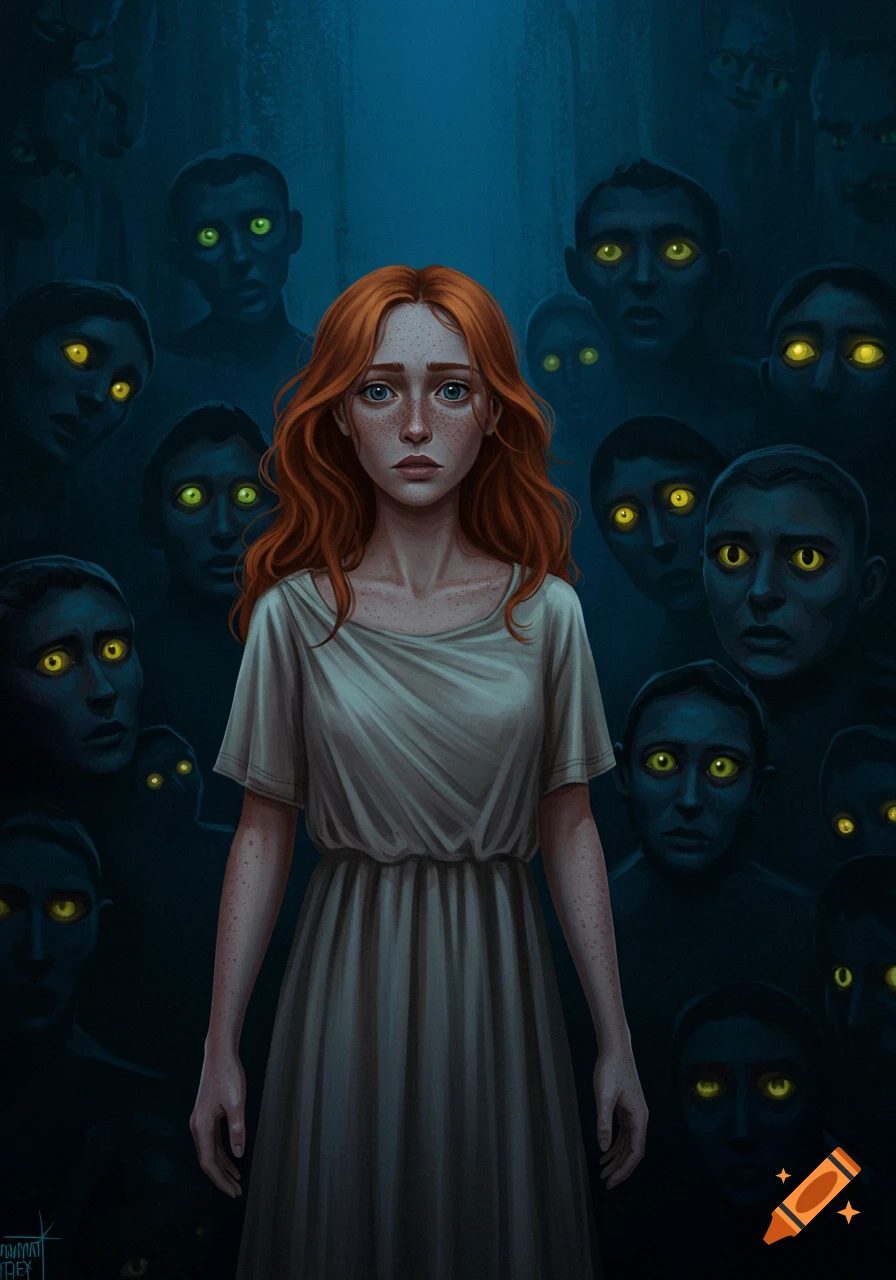 Young woman with red hair and freckles looks forward while surrounded by dark figures with glowing yellow eyes.