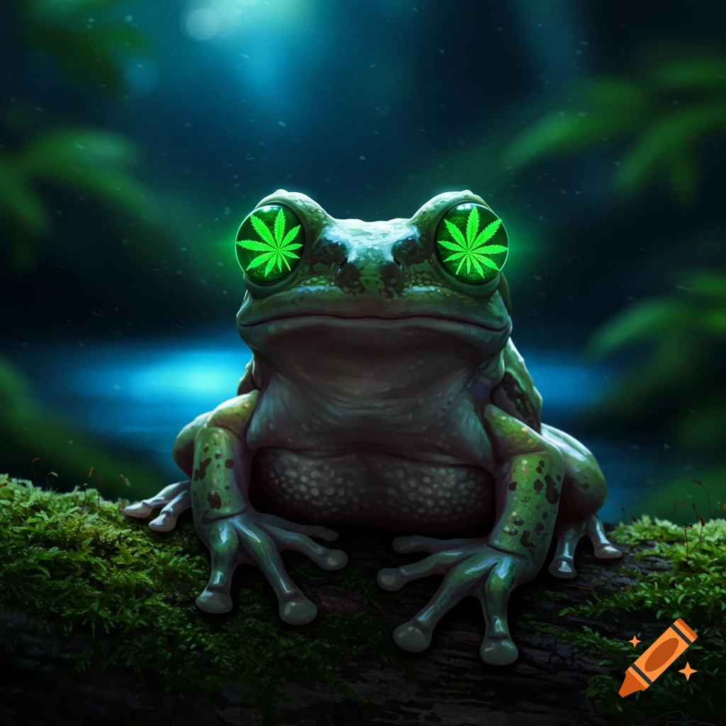 Realistic illustration of a frog sitting on a mossy log with glowing green marijuana leaf eyes in a dark forest.