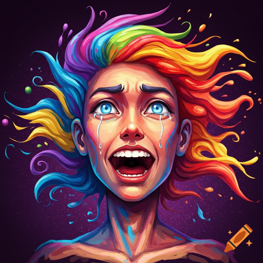 Colorful portrait of a person crying with rainbow hair.