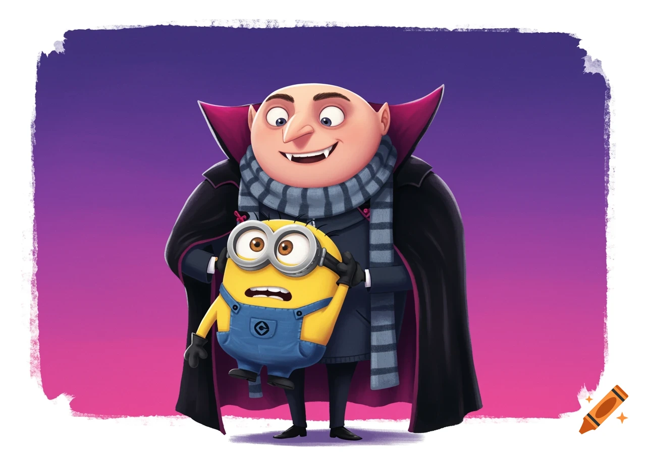 Gru dressed as a vampire holds a minion, illustration