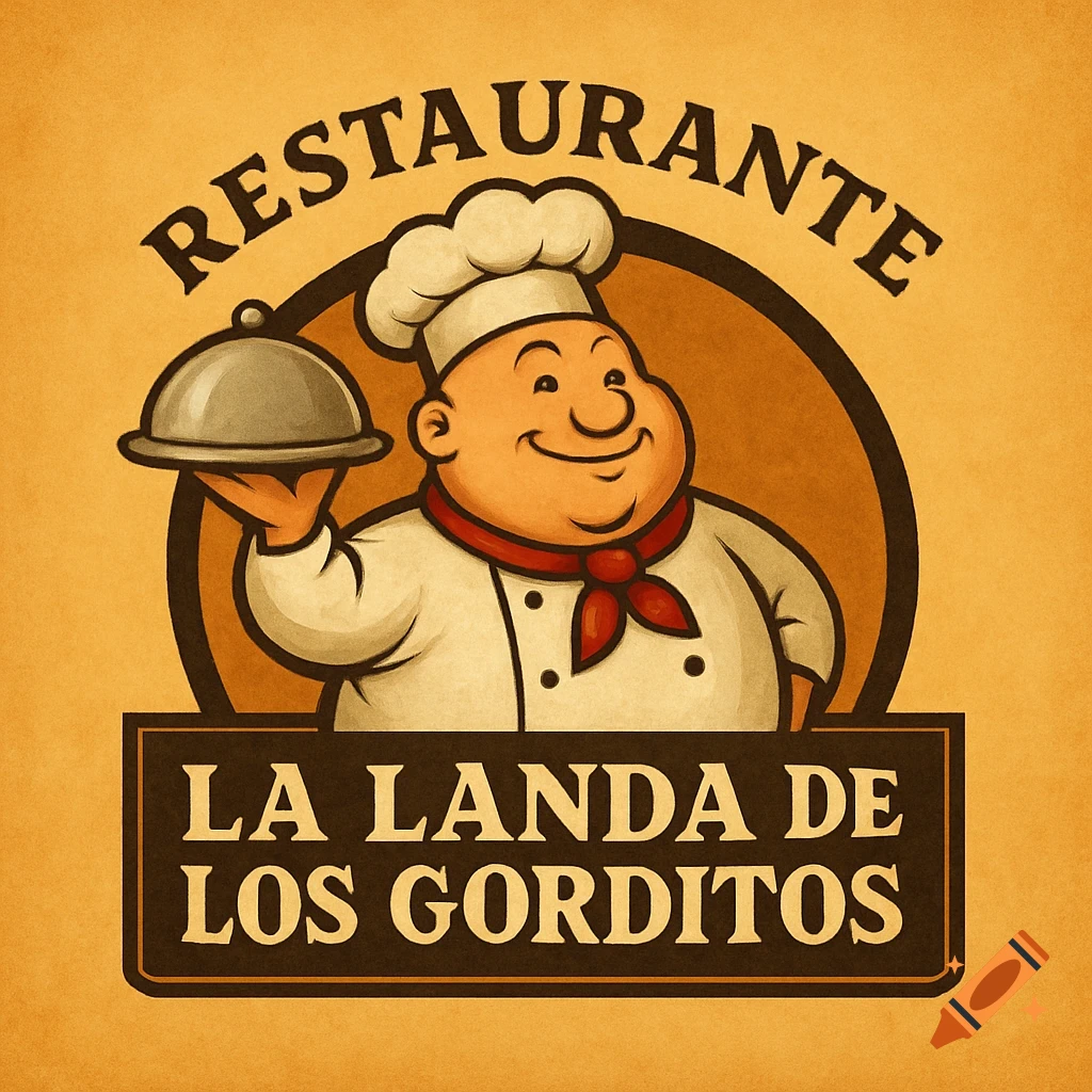Cartoon logo of a chef holding a dish cover, with restaurant name text and "RESTAURANTE" curved above.