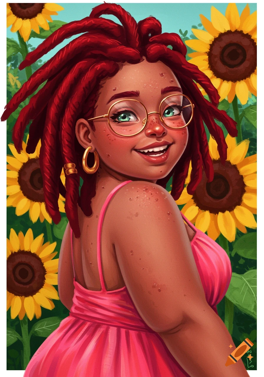 Illustration of a woman with red dreadlocks and glasses smiling in a field of sunflowers.