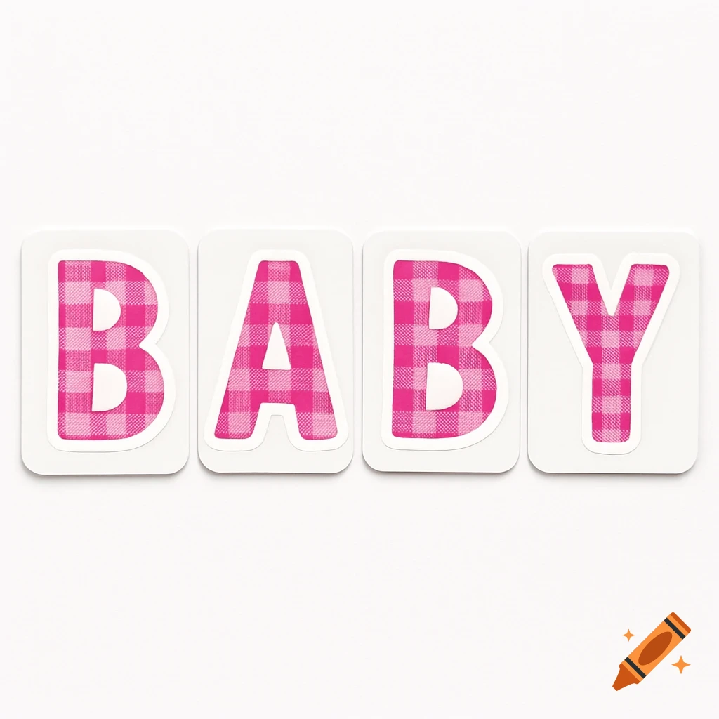 Four flashcards spelling BABY with pink plaid letters on a white background.