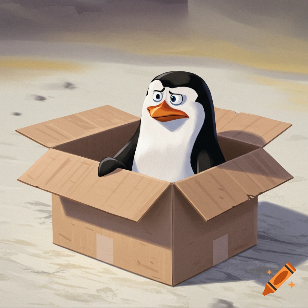 A cartoon penguin sits inside a cardboard box on a sandy ground.