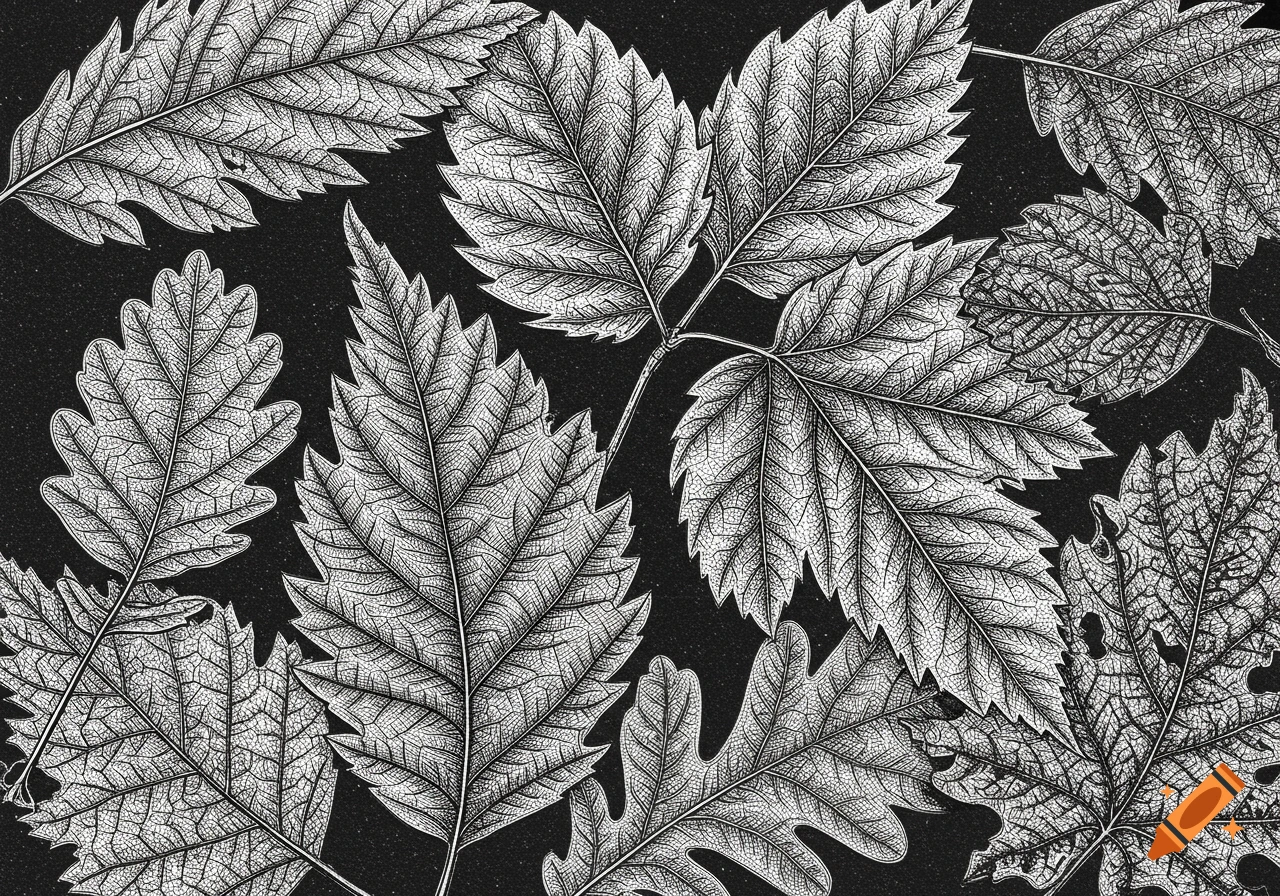 Black and white engraving of autumn leaves.