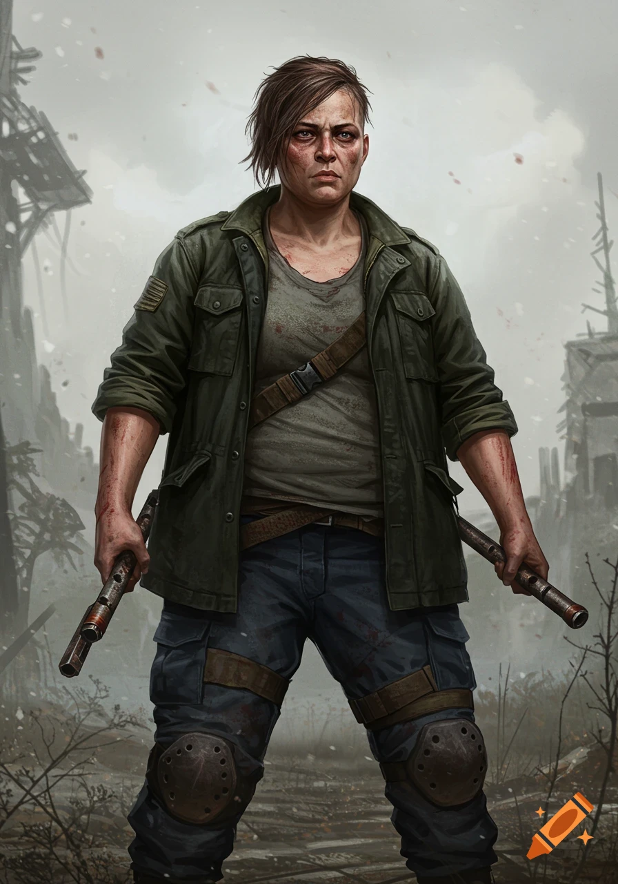 Woman survivor in ruined city holding pipe weapons, looking grim.