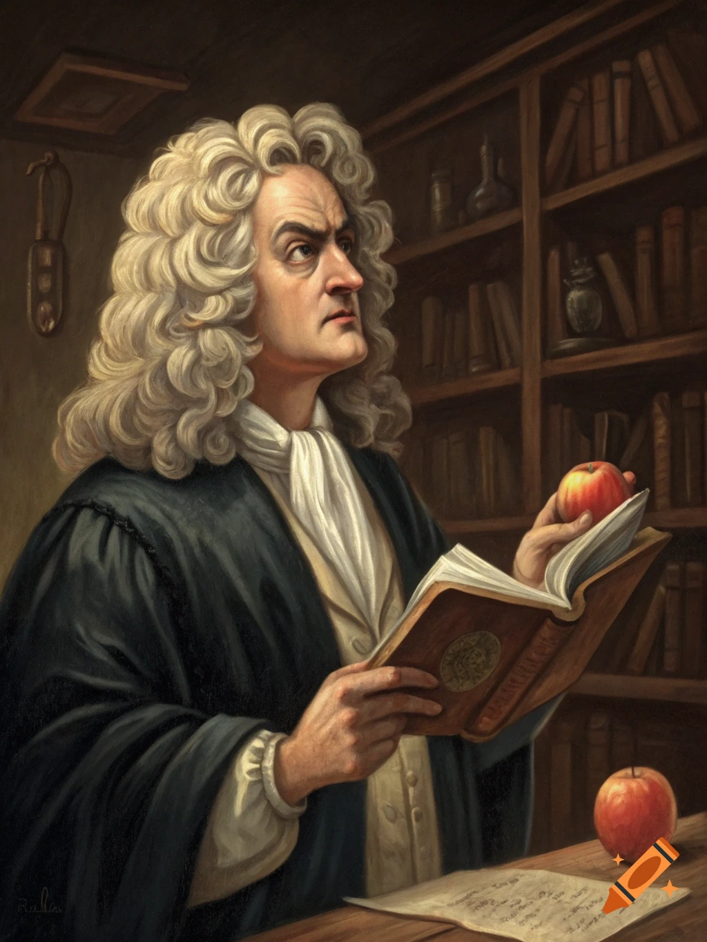 Portrait of Isaac Newton in a study, holding an apple and a book.