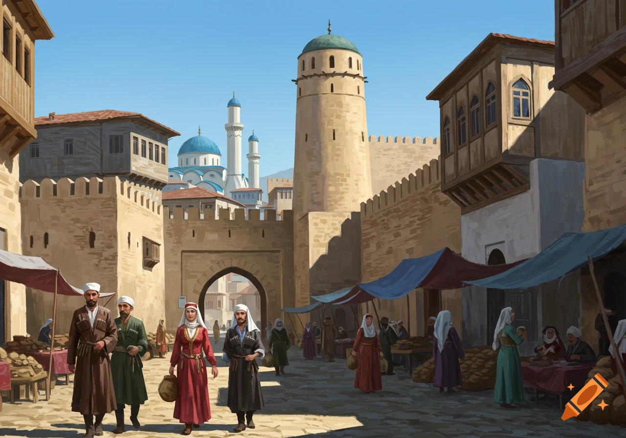 Traditional marketplace with people and architecture, including a tower and mosque, under a blue sky.