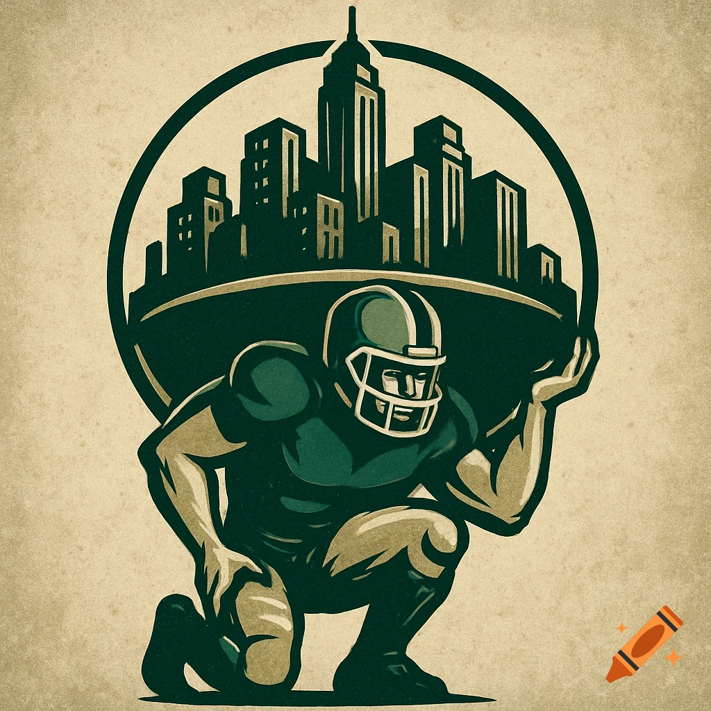 American football player holding up a city skyline in a logo illustration style.