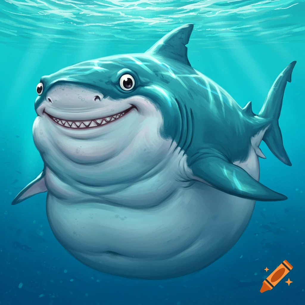 Cartoon illustration of a chubby shark swimming underwater.
