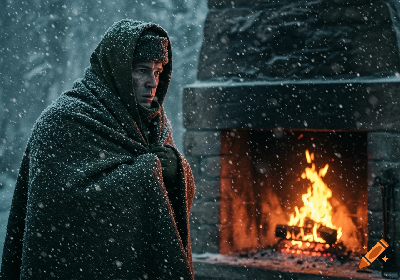 A soldier wrapped in a blanket sits by a fireplace in heavy snow.