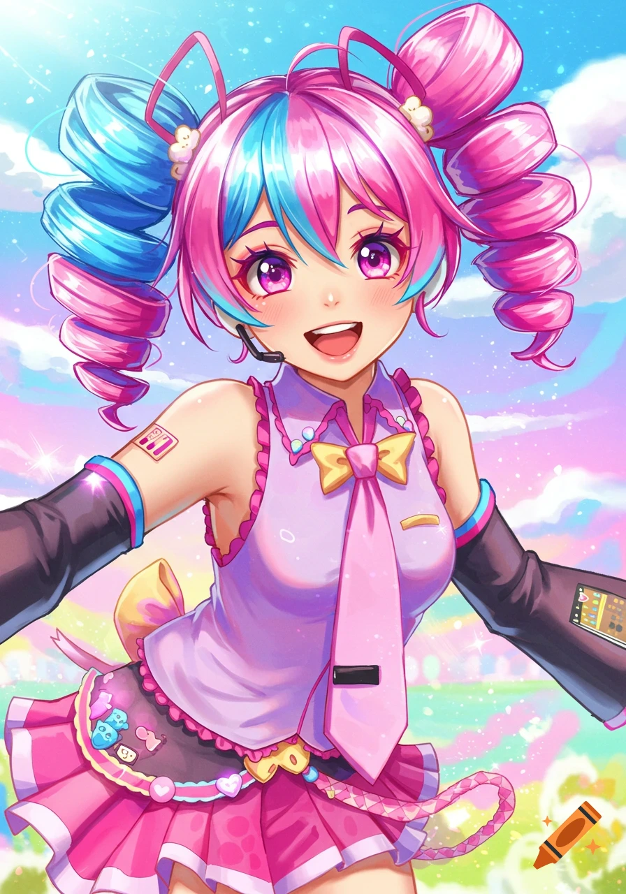 Anime character with pink and blue twin drills, wearing a pink and purple idol costume, smiling brightly.