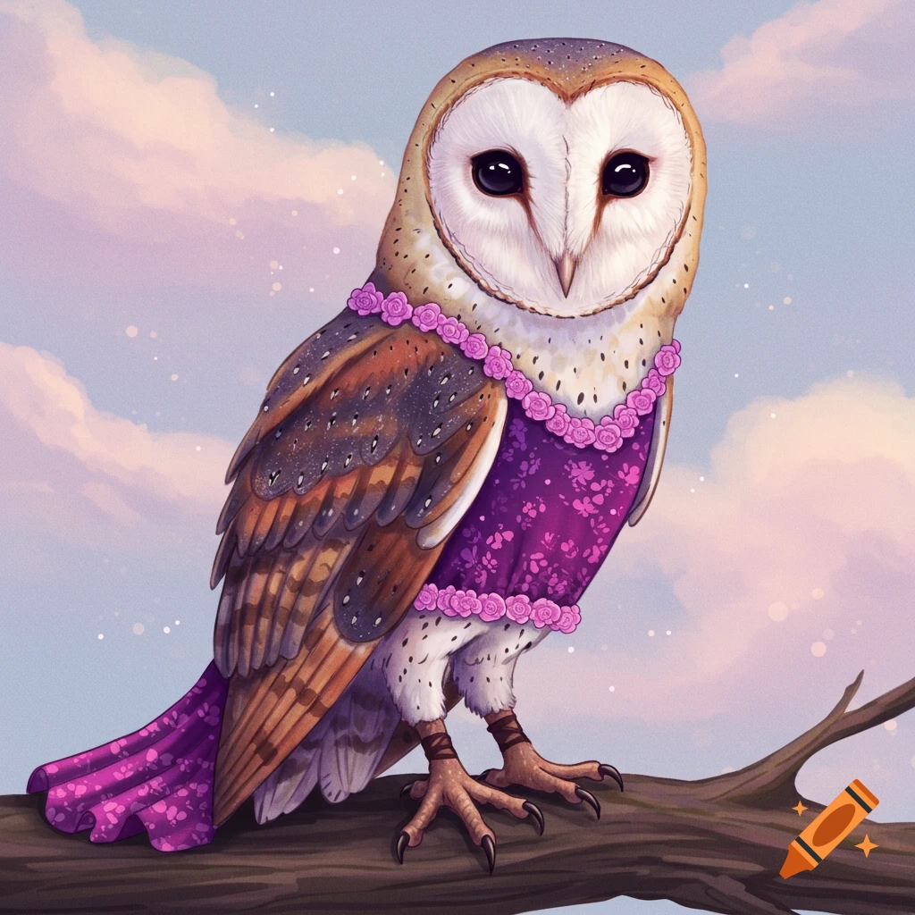 A barn owl wearing a purple dress with pink trim sits on a branch against a pastel sky.
