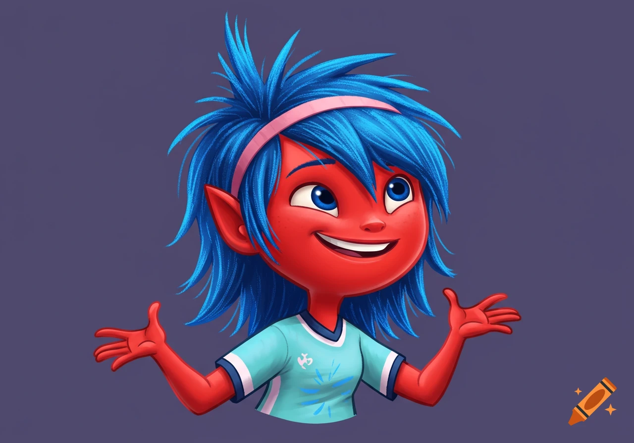 A cartoon character with red skin, spiky blue hair, and a headband, wearing a sports jersey and shrugging.