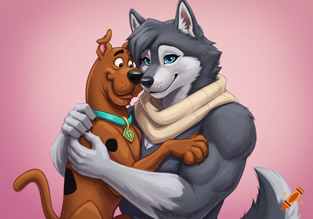 An anthropomorphic husky hugs Scooby Doo.