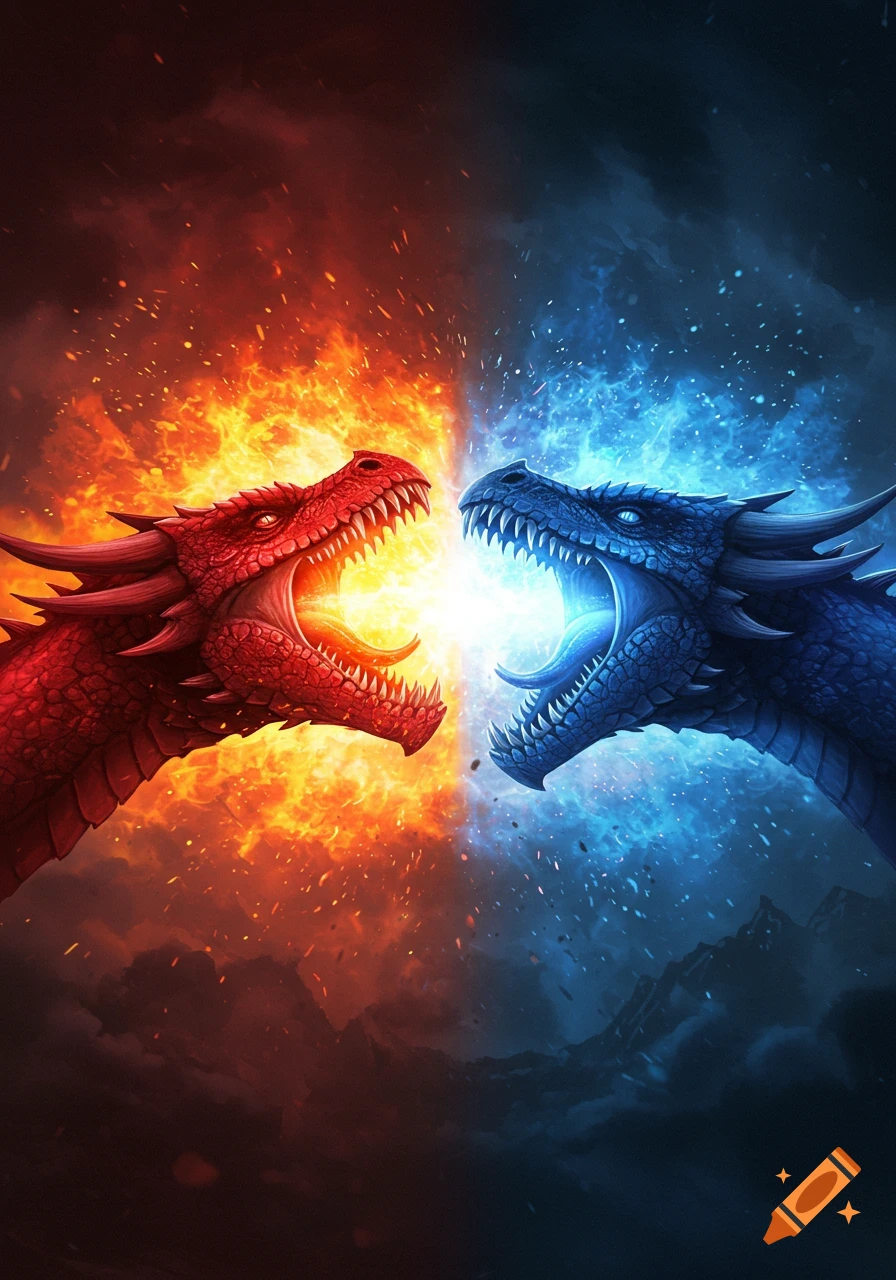 Two dragon heads, one red breathing fire and one blue breathing ice, facing each other with their elemental breaths colliding.
