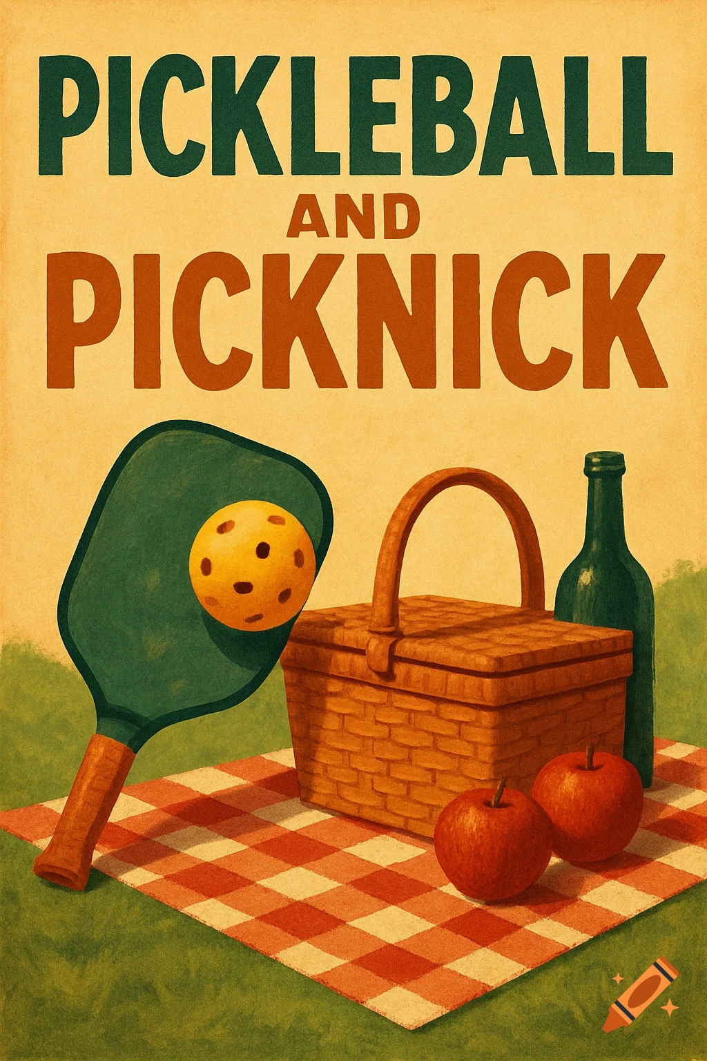 Vintage poster style illustration of a pickleball paddle, ball, picnic basket, apples, and bottle on a blanket.
