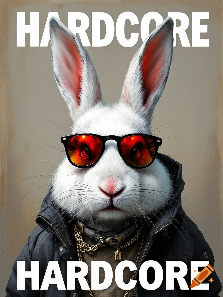 Rabbit wearing sunglasses, jacket, and gold chain on an album poster with the text HARDCORE.