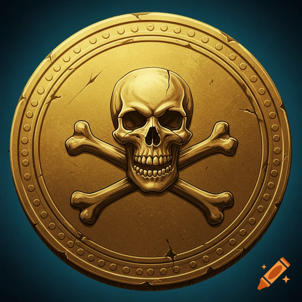 A golden pirate coin featuring a skull and crossbones design.