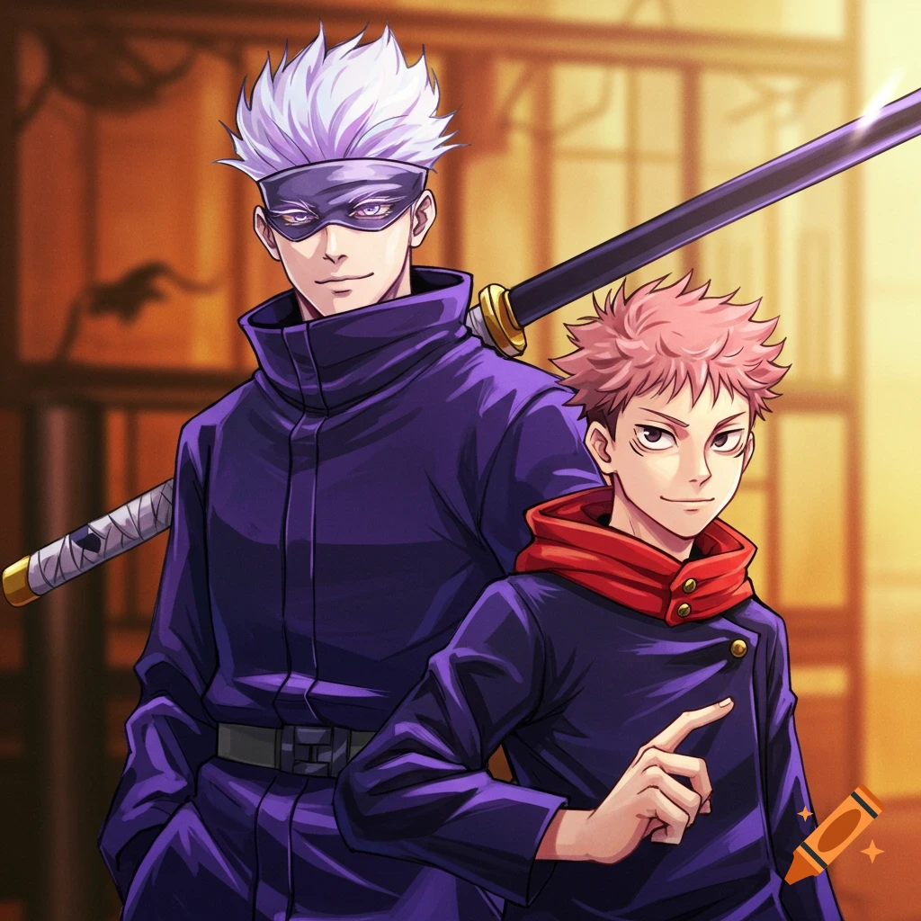 Anime illustration of two men, one with white hair and mask holding a sword, the other with pink hair pointing.