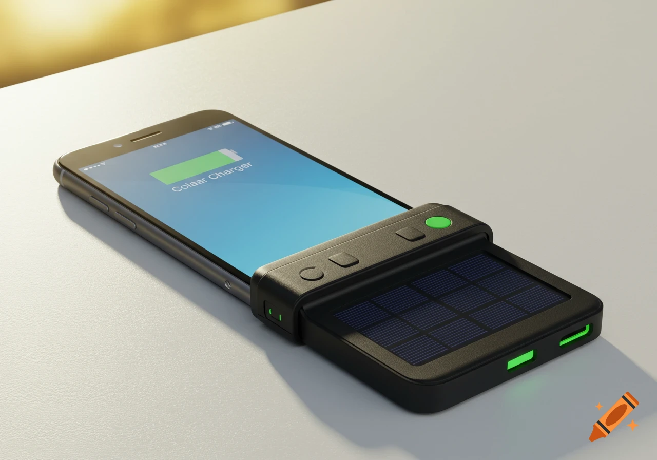 Close-up of a smartphone connected to a solar power bank, showing the phone screen with a charging indicator.