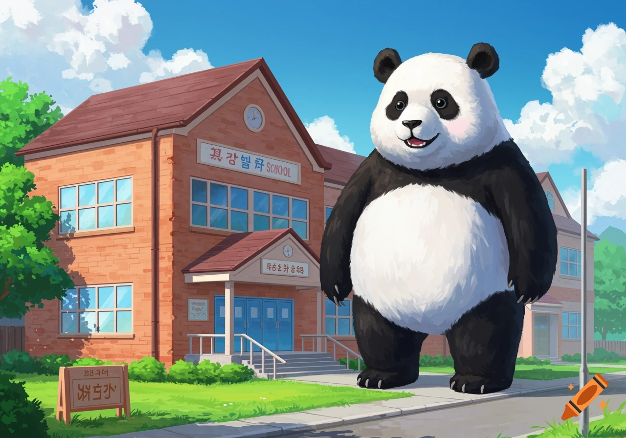 A giant cartoon panda stands in front of a school building illustration.
