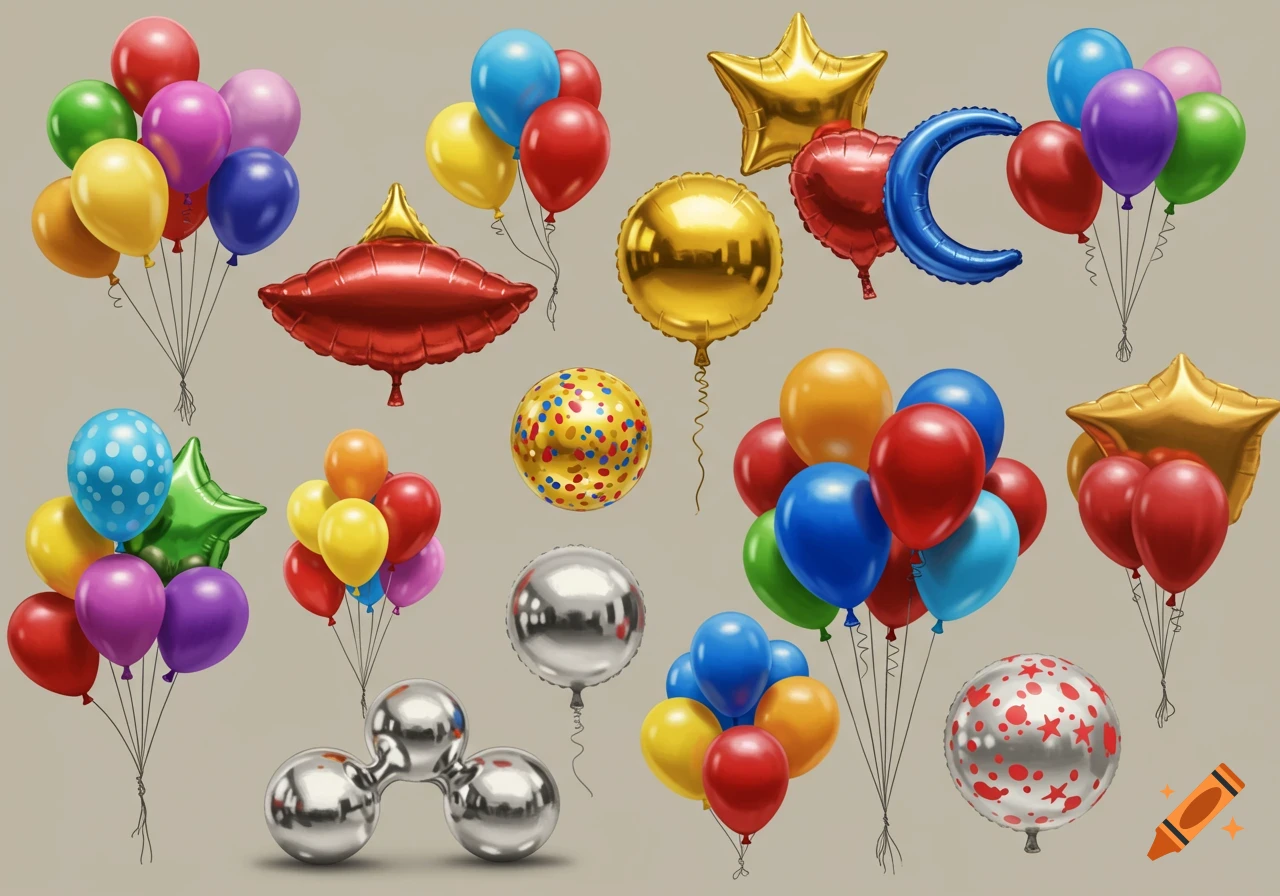 A collection of colorful balloons in various shapes against a grey background.