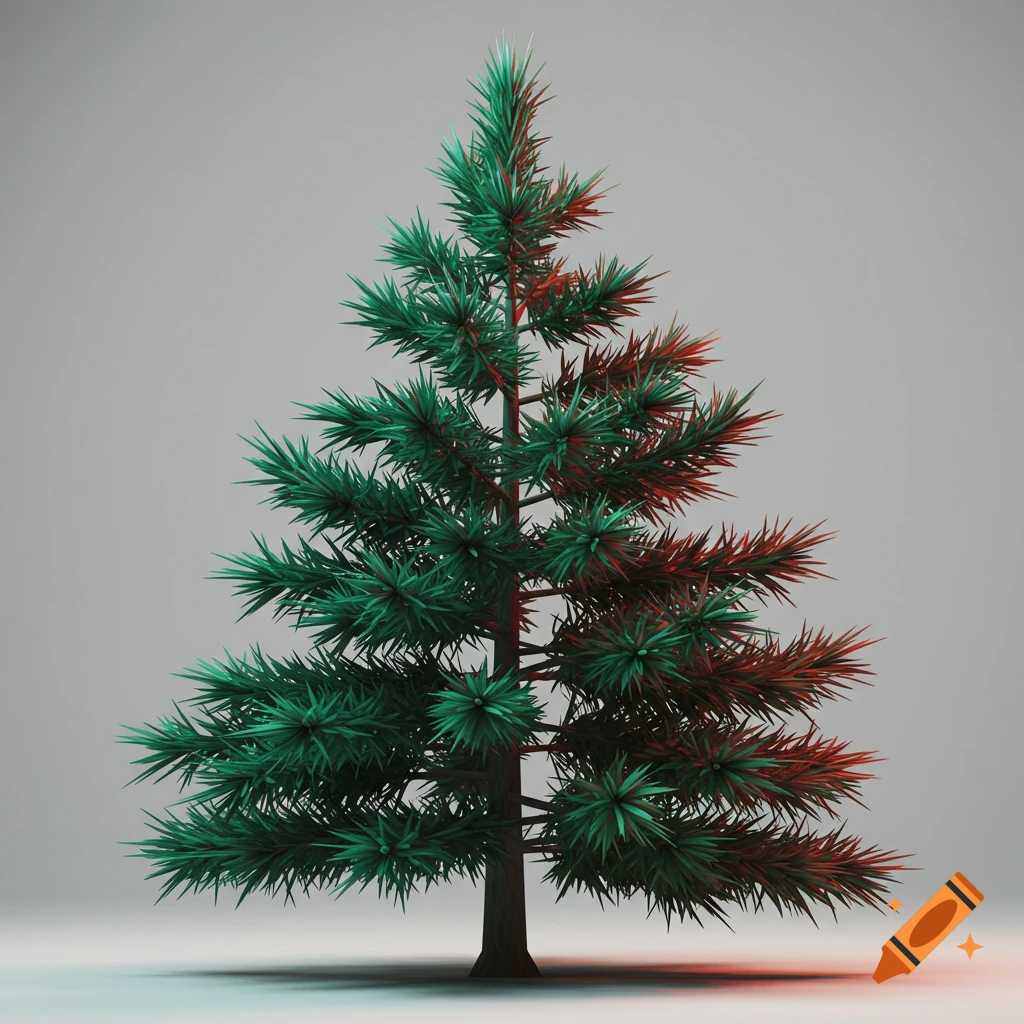 A rendered pine tree with sharp, geometric needles against a grey background.