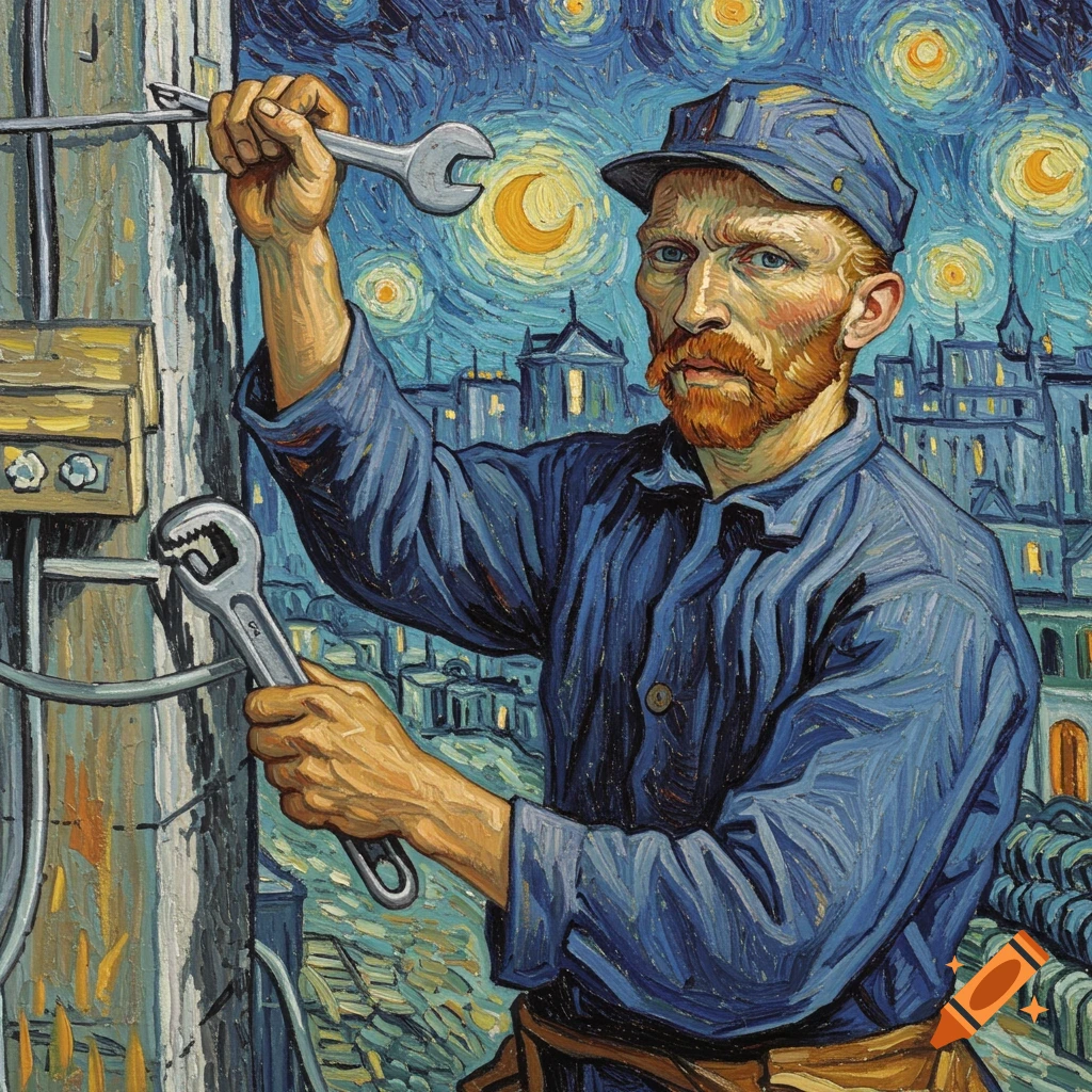 A man depicted as an electrician working on a pole, painted in the style of Van Gogh with a starry night sky behind him.