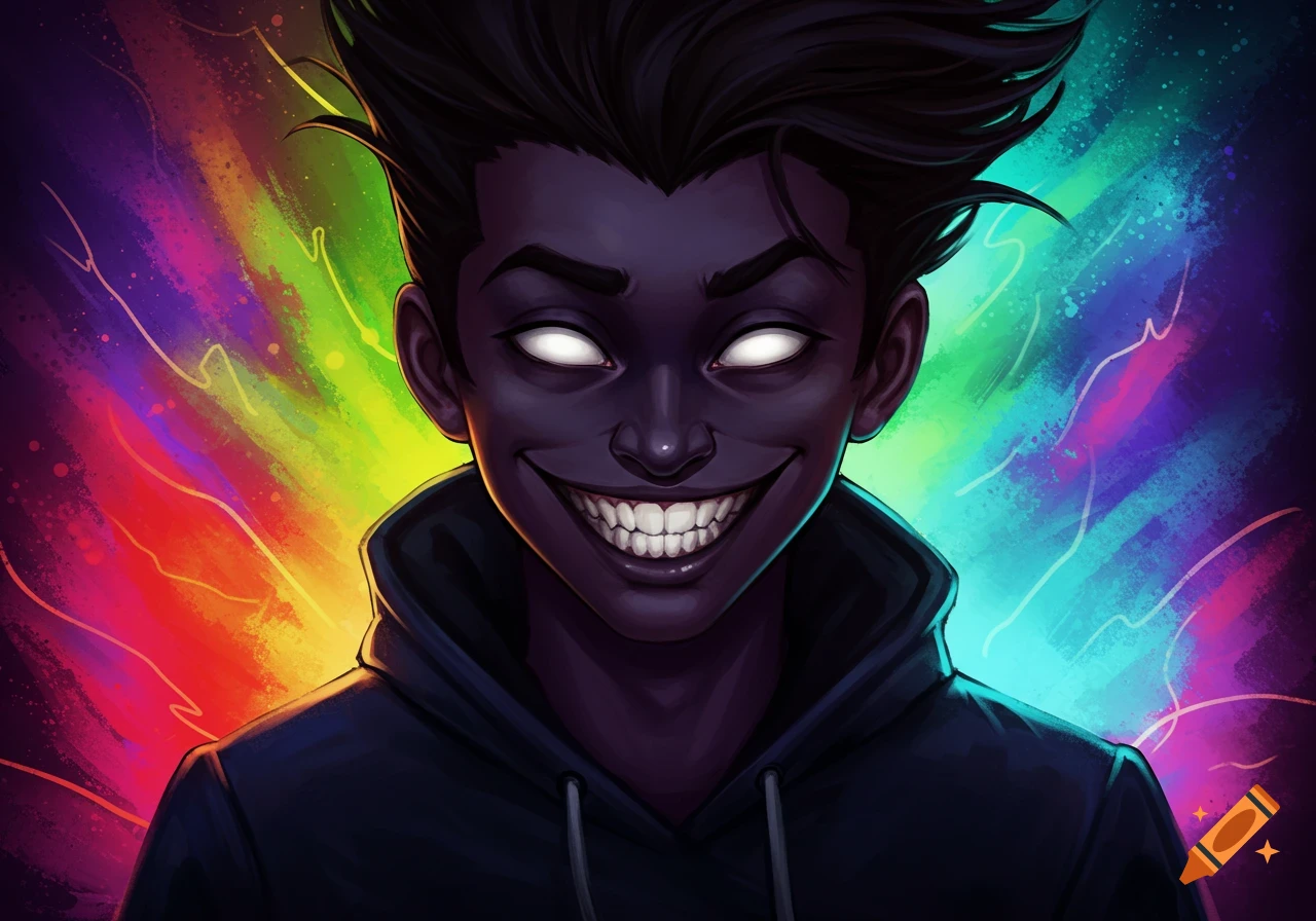 Dark fantasy portrait of a young man with glowing eyes and wide grin, against a colorful background.