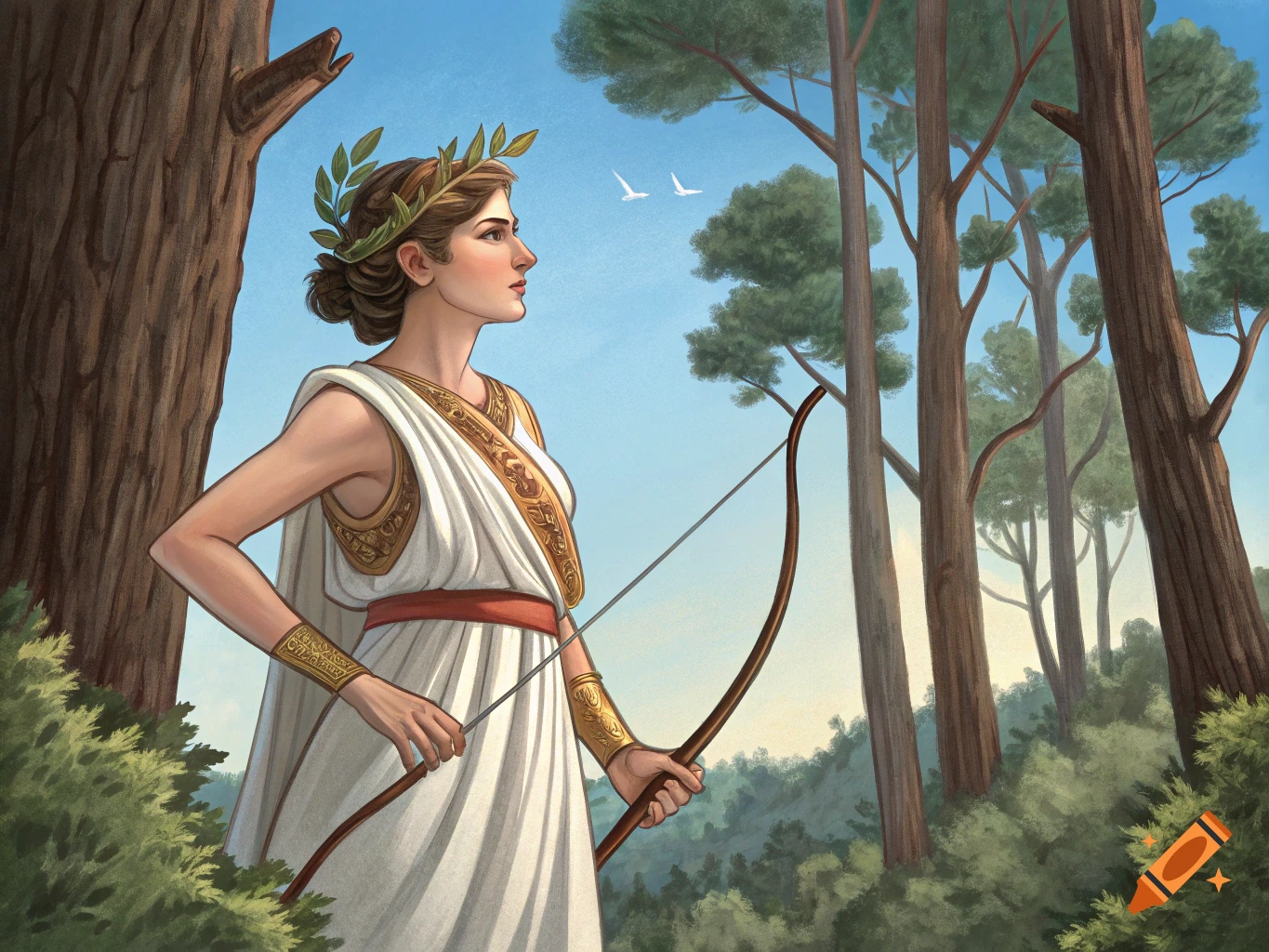 Illustration of a woman in ancient Roman clothing holding a bow in a forest.