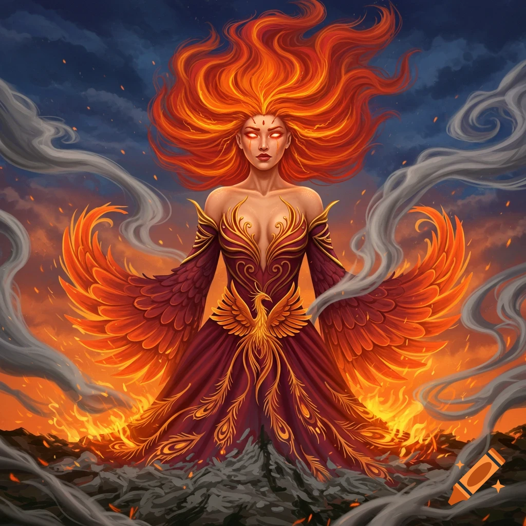 A woman with fiery hair and phoenix wings rises from ash surrounded by ...
